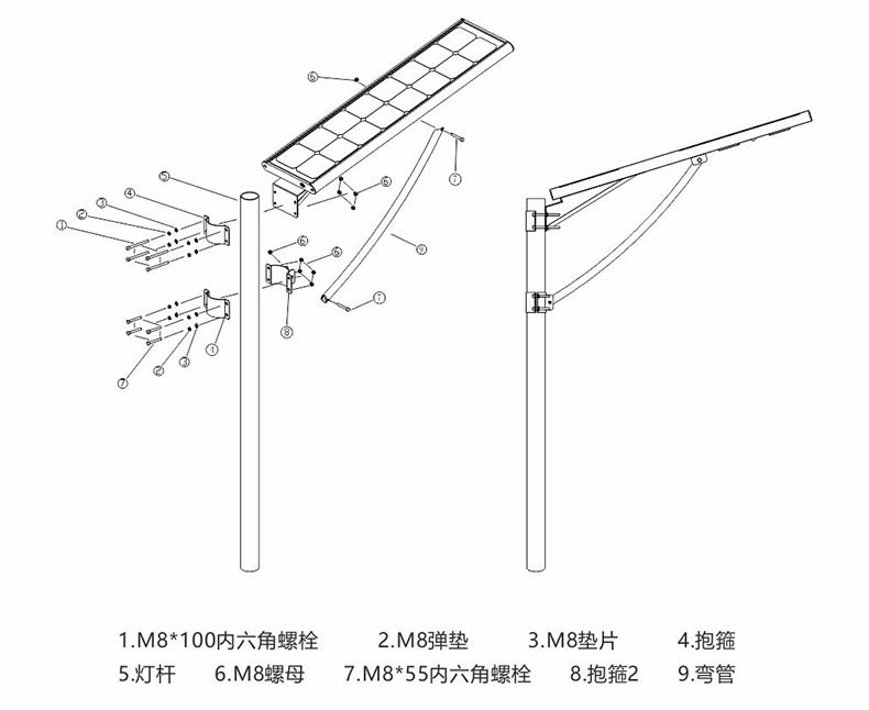 东莞91视频首页照明抱箍式一体化LED太阳能路灯安装示意图