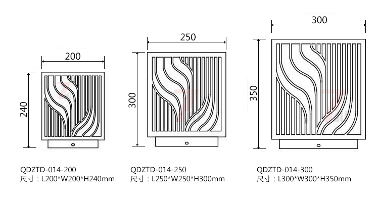 (QDZTD-014)古铜拉丝割花方形矮柱柱头灯200mm、250mm、300mm尺寸示意图